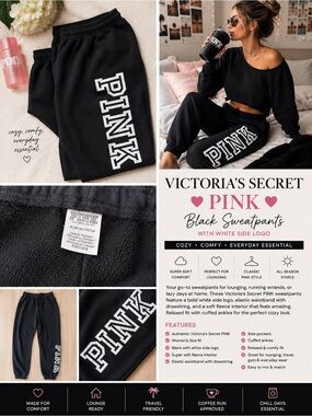 Victoria's Secret 🩷 PINK 🩷 Black Sweatpants with White Side Logo M